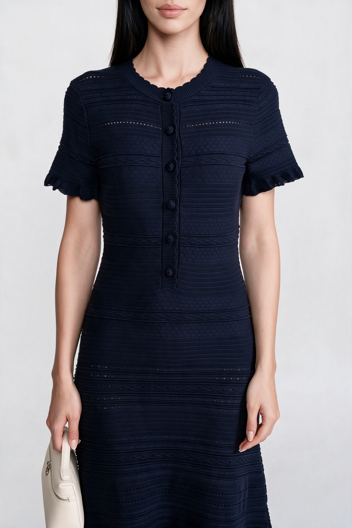 Ruffle Hem Knit Midi Dress With Button Front - Navy