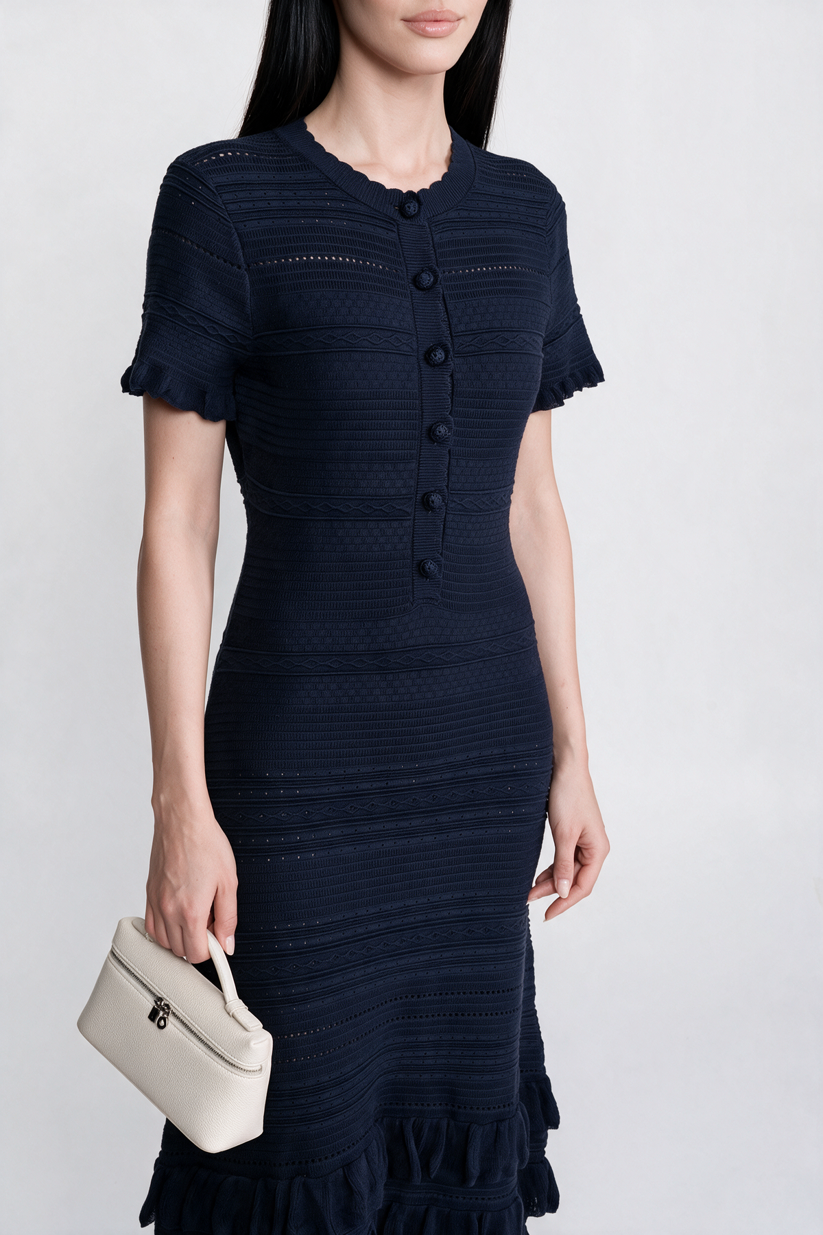 Ruffle Hem Knit Midi Dress With Button Front - Navy