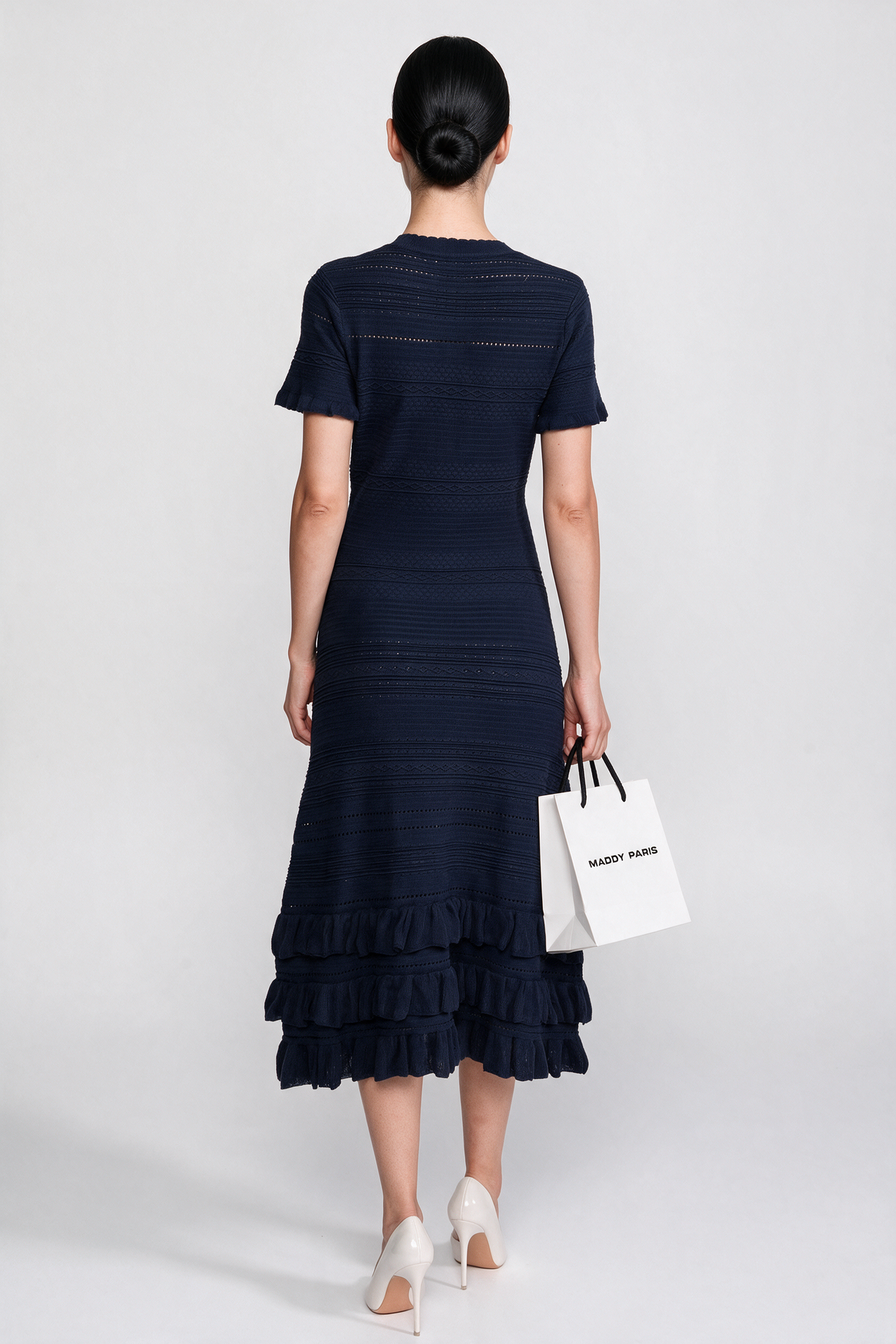 Ruffle Hem Knit Midi Dress With Button Front - Navy