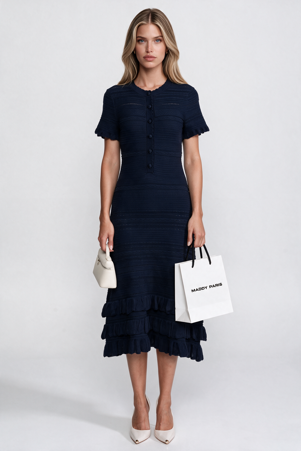 Ruffle Hem Knit Midi Dress With Button Front - Navy