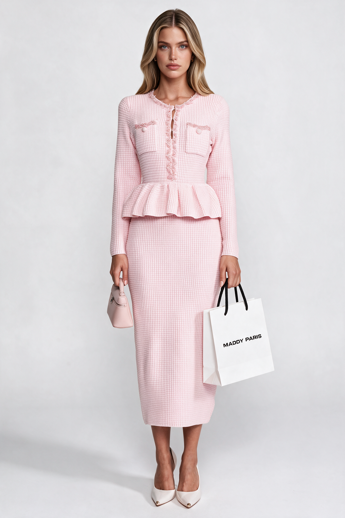 Fringe Trim Knit Peplum Dress With Front Chest Pockets - Pink