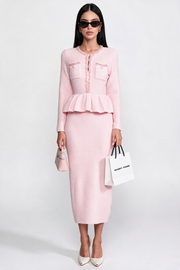 Coraline Pink Fringe Trim Knit Peplum Dress With Front Chest Pockets
