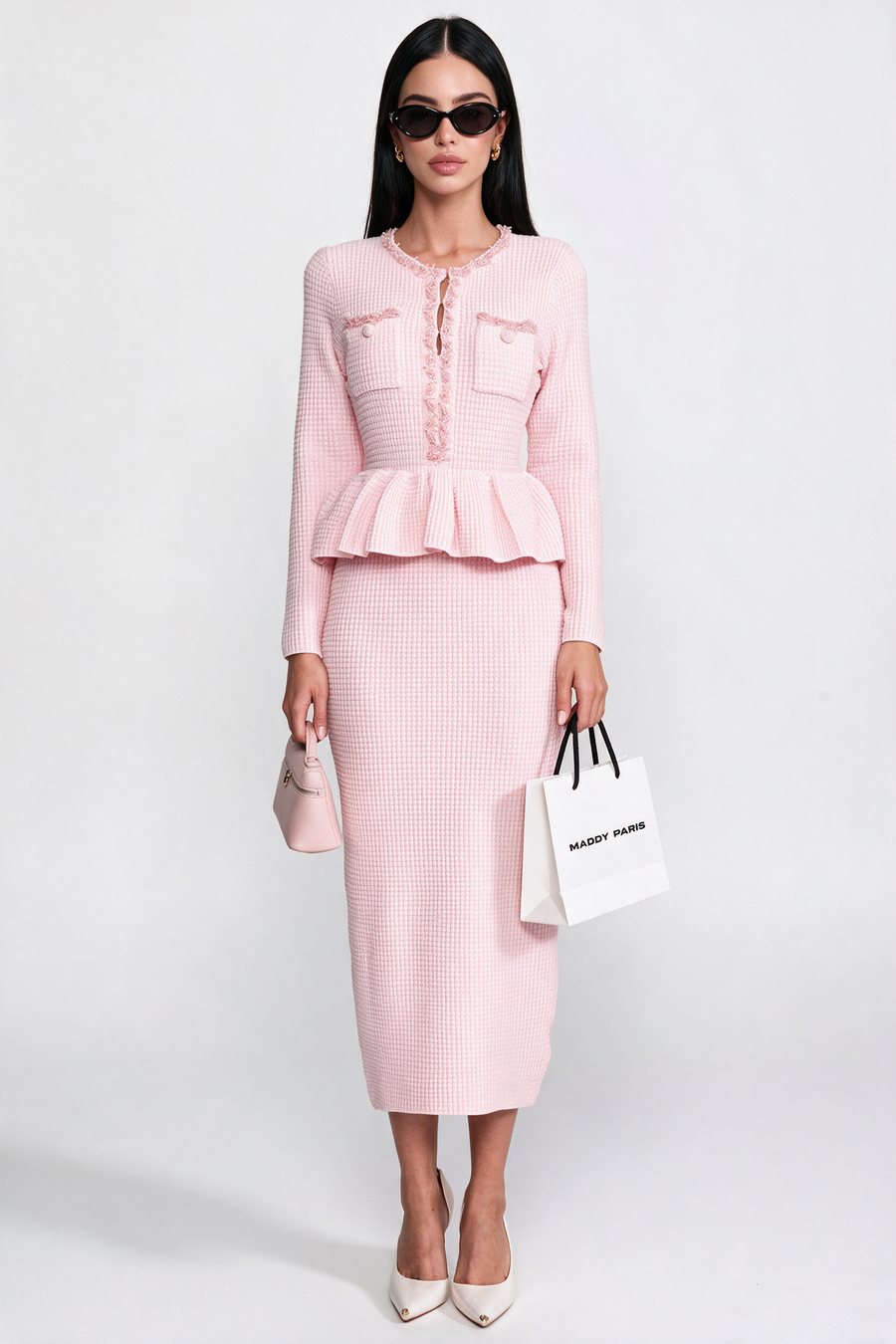 Fringe Trim Knit Peplum Dress With Front Chest Pockets - Pink