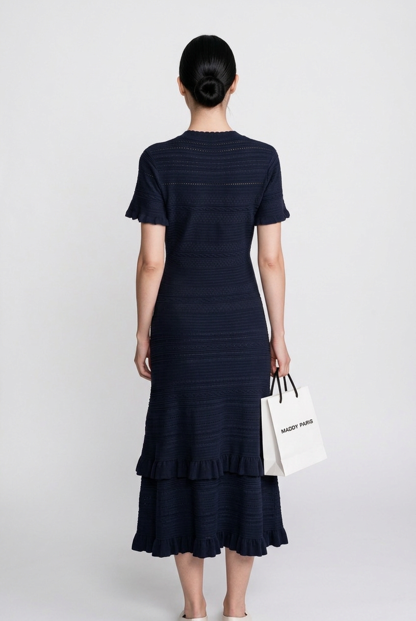 Ruffle Hem Knit Midi Dress With Button Front - Navy