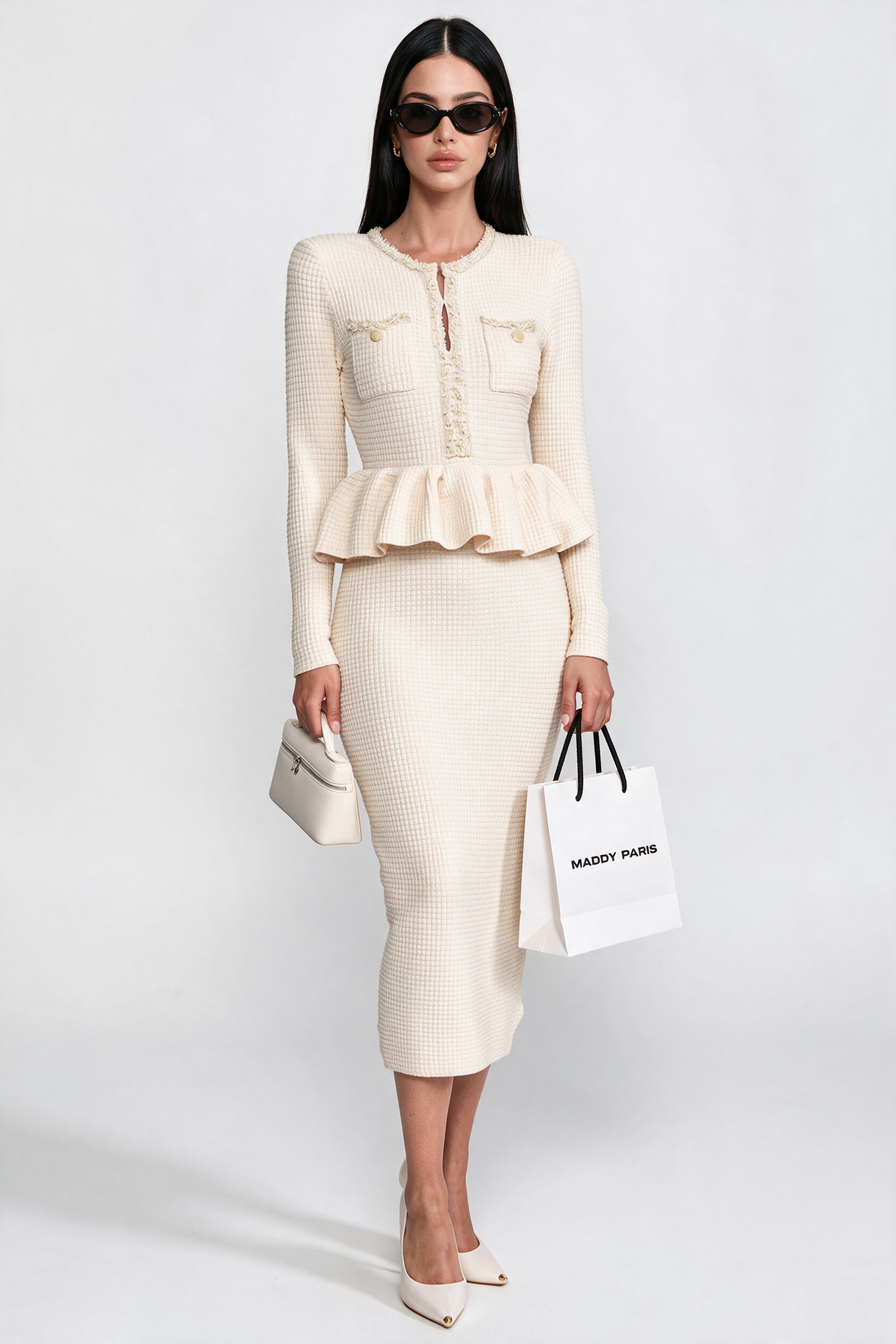 Fringe Trim Knit Peplum Dress With Front Chest Pockets - Beige