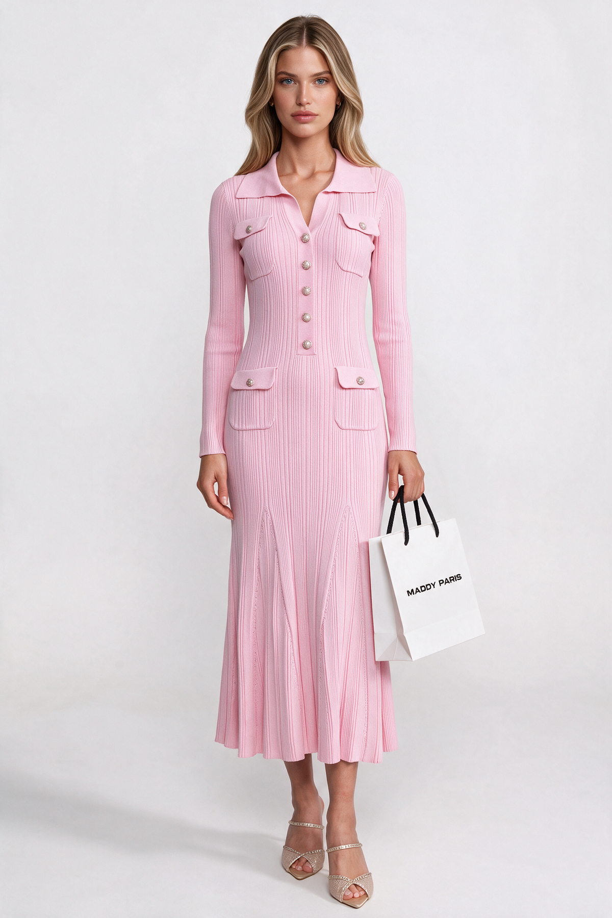 Long-Sleeve Button-Front Knit Maxi Dress With Patch Pockets - Pink