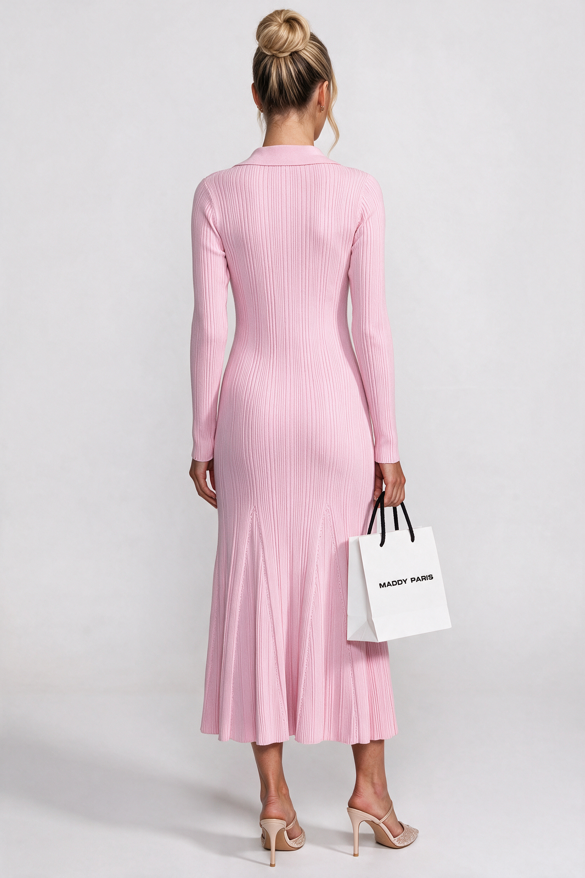 Long-Sleeve Button-Front Knit Maxi Dress With Patch Pockets - Pink