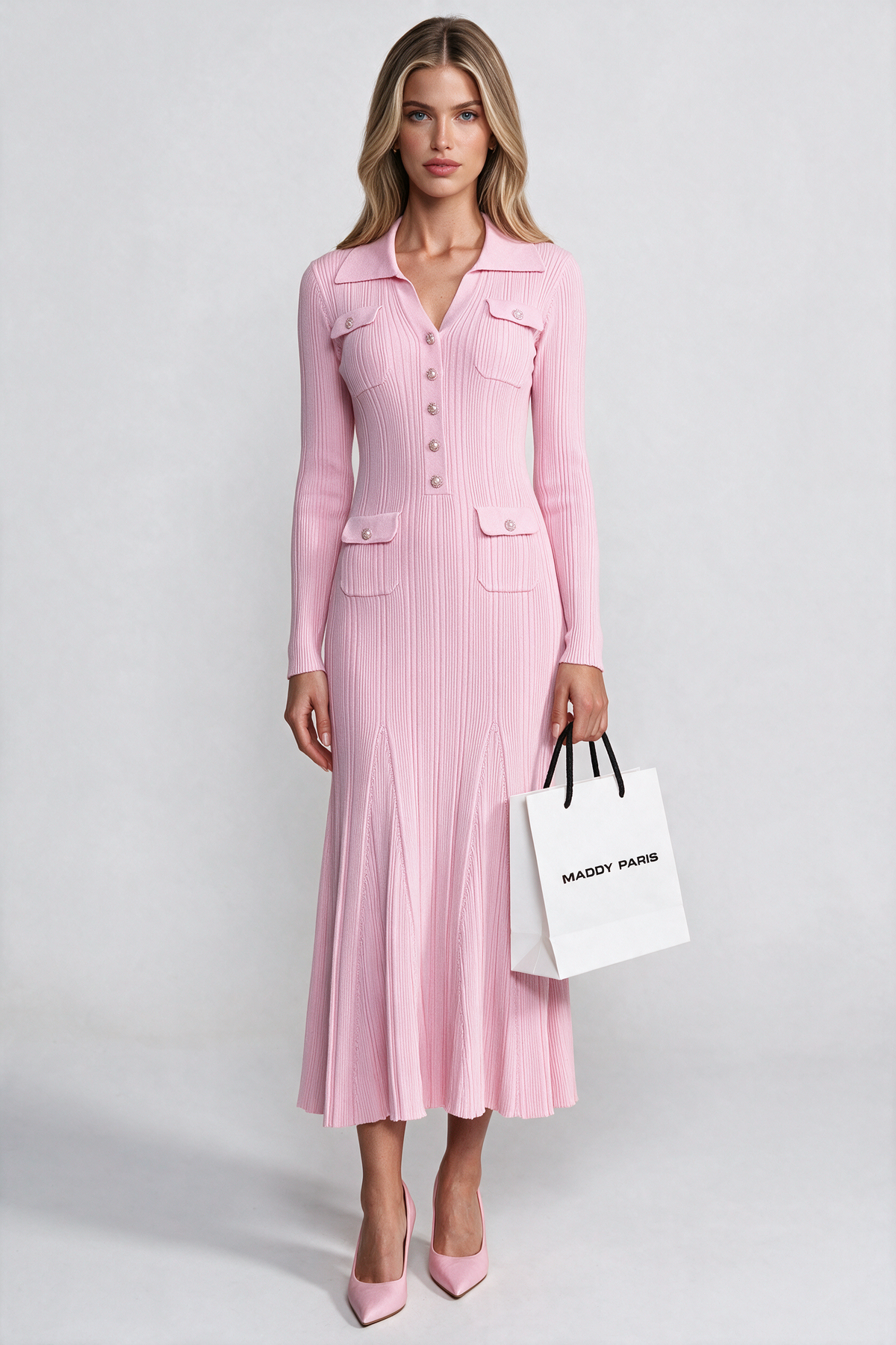 Long-Sleeve Button-Front Knit Maxi Dress With Patch Pockets - Pink