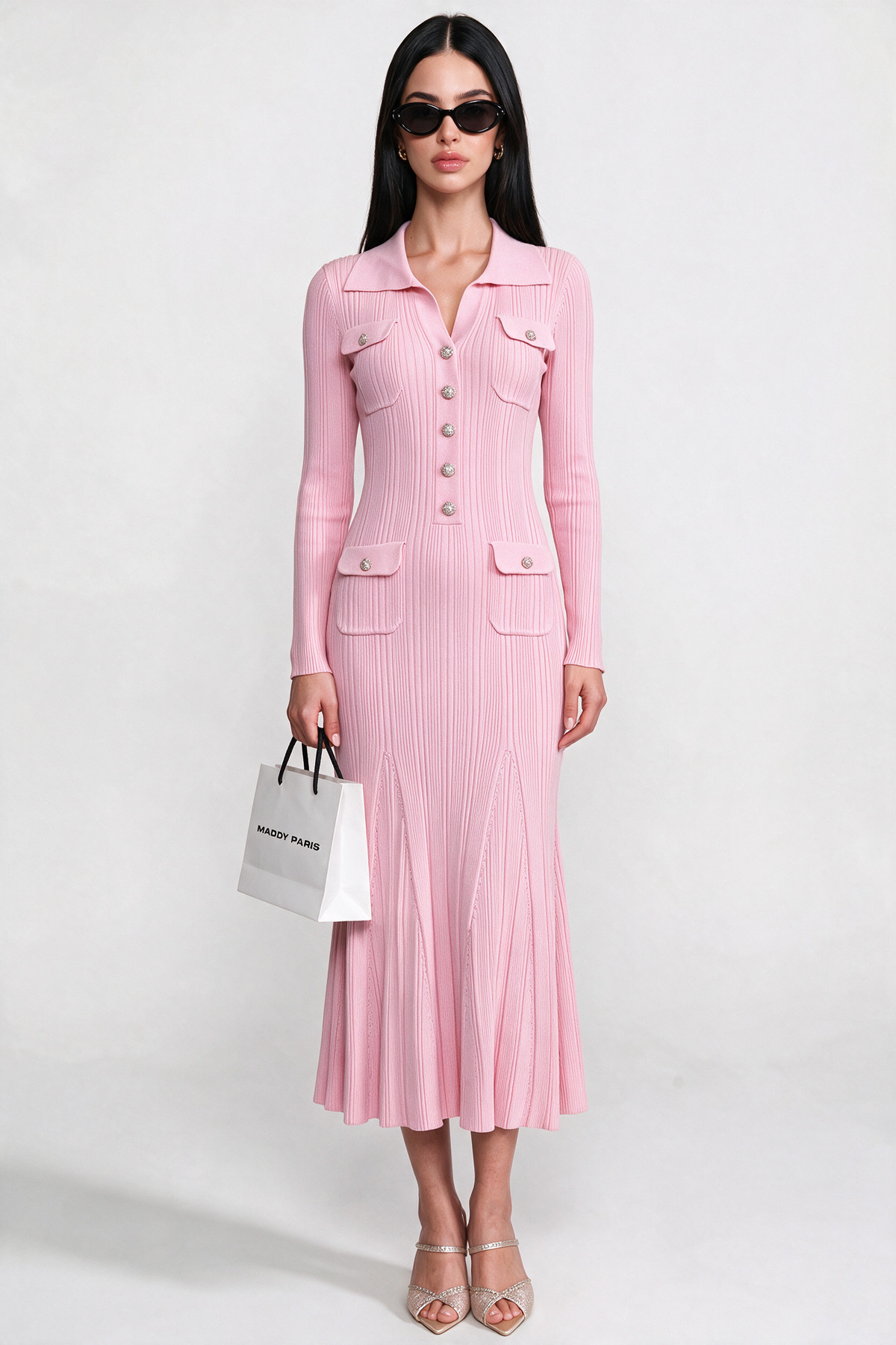 Long-Sleeve Button-Front Knit Maxi Dress With Patch Pockets - Pink