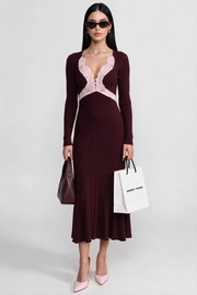 Leontine Burgundy Ribbed Long Sleeve Midi Dress With Lace-Trim V-Neckline