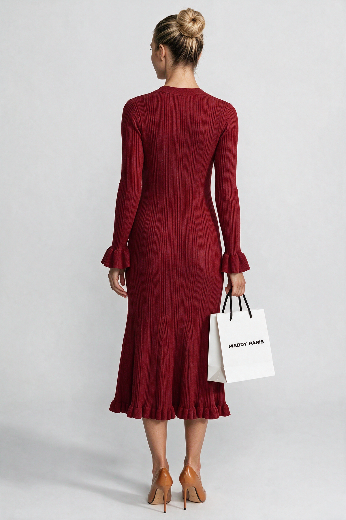 Ribbed Long Sleeve Midi Dress With Braided Trim Details - Burgundy