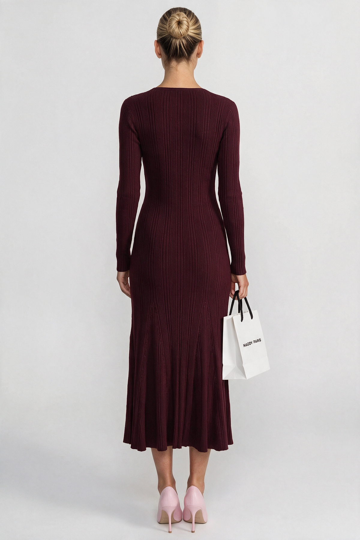 Ribbed Long Sleeve Midi Dress With Lace-Trim V-Neckline - Burgundy