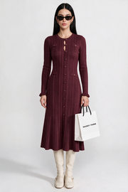 Cordelia Burgundy Knit Button-Front Midi Dress with Pointelle Detailing