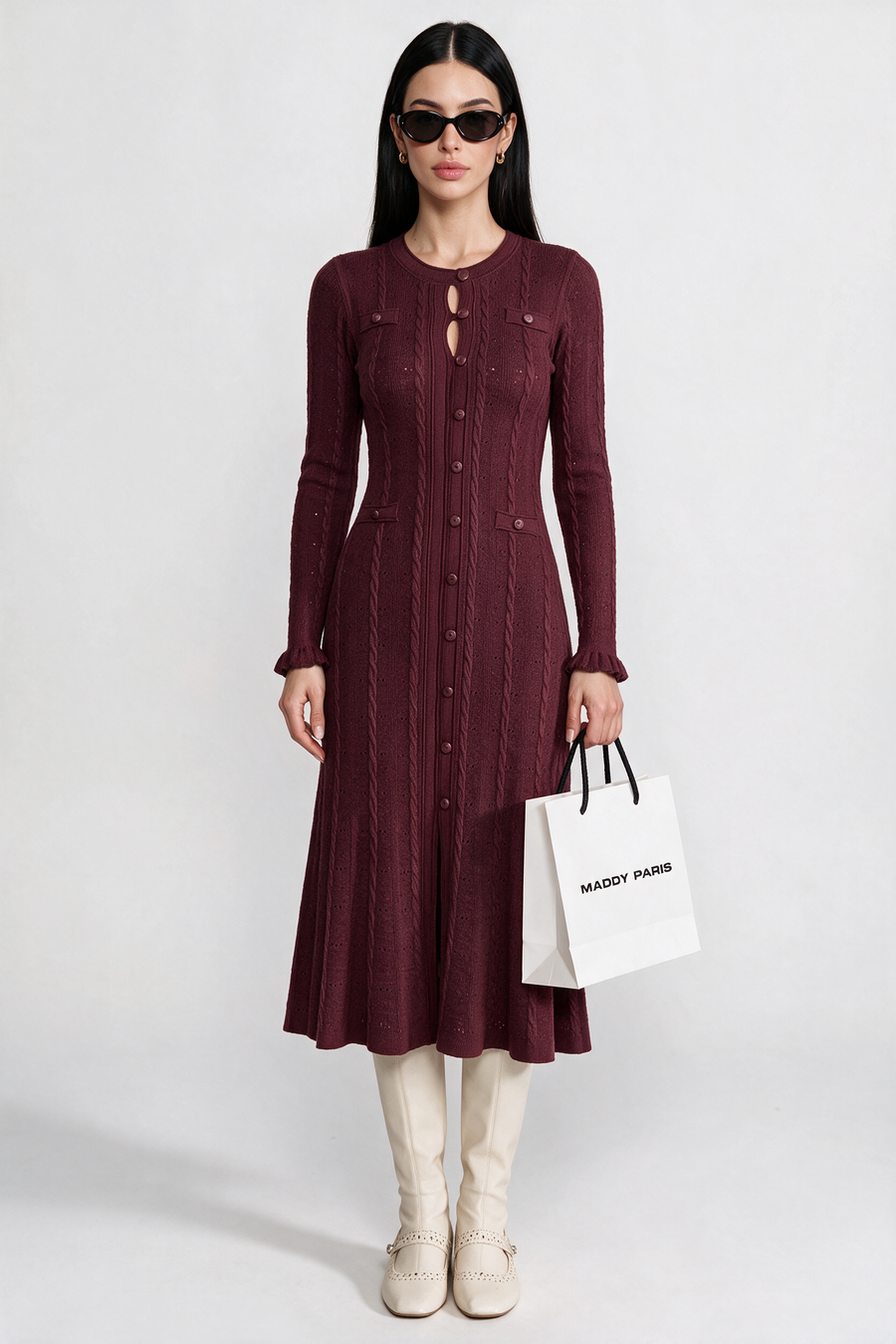 Knit Button-Front Midi Dress with Pointelle Detailing – Burgundy