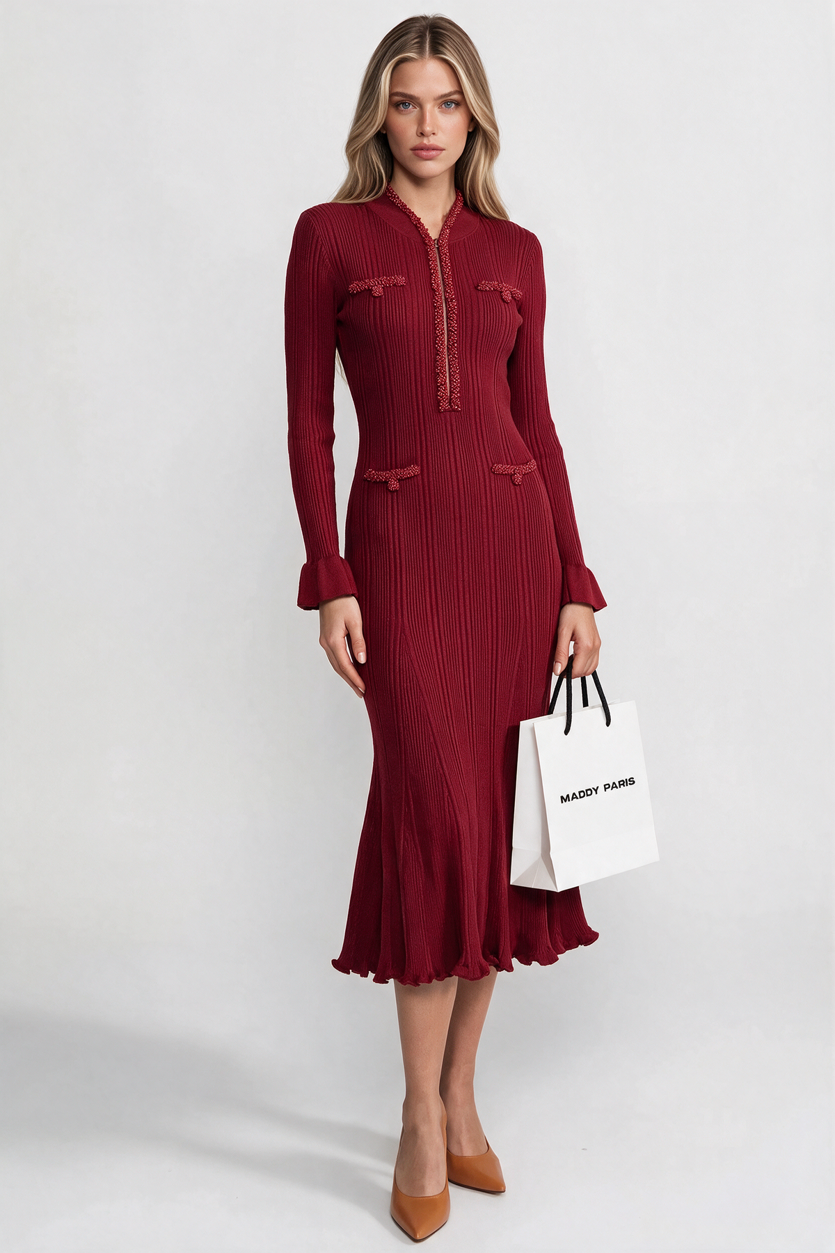 Ribbed Long Sleeve Midi Dress With Braided Trim Details - Burgundy