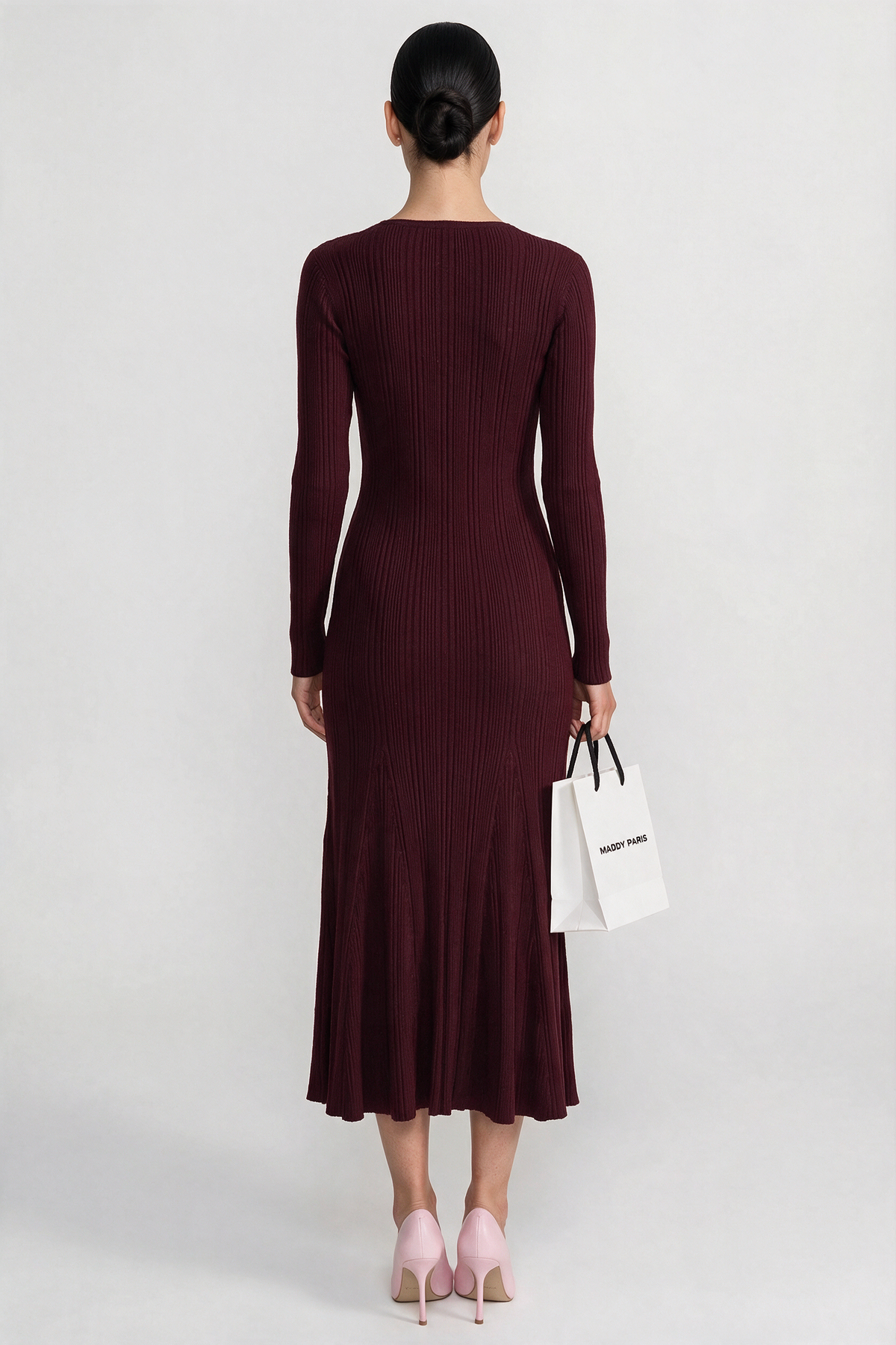 Ribbed Long Sleeve Midi Dress With Lace-Trim V-Neckline - Burgundy