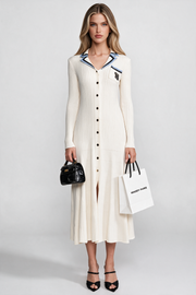 Georgiana Ivoire Long Sleeve Knit Midi Dress With Polo Collar And Monogram Patch