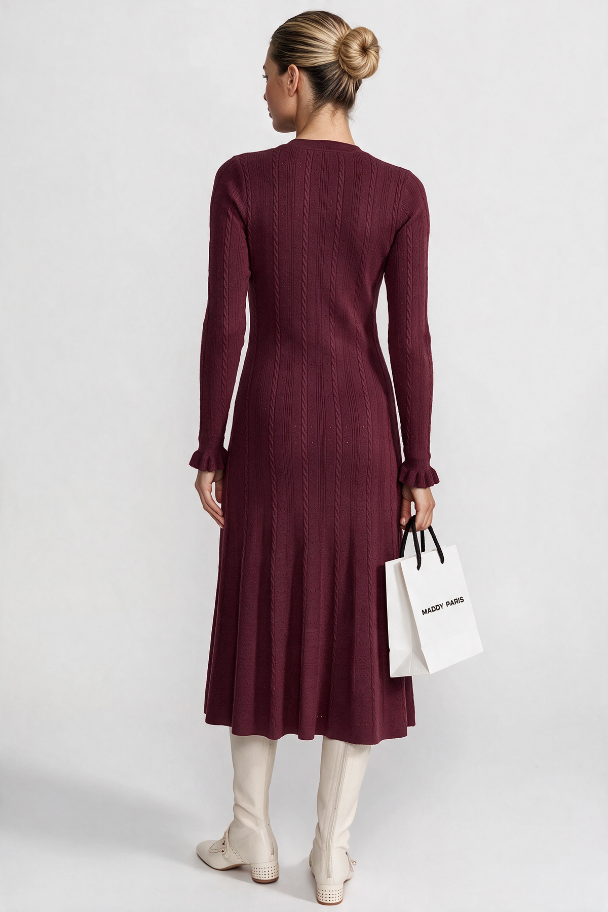 Knit Button-Front Midi Dress with Pointelle Detailing – Burgundy