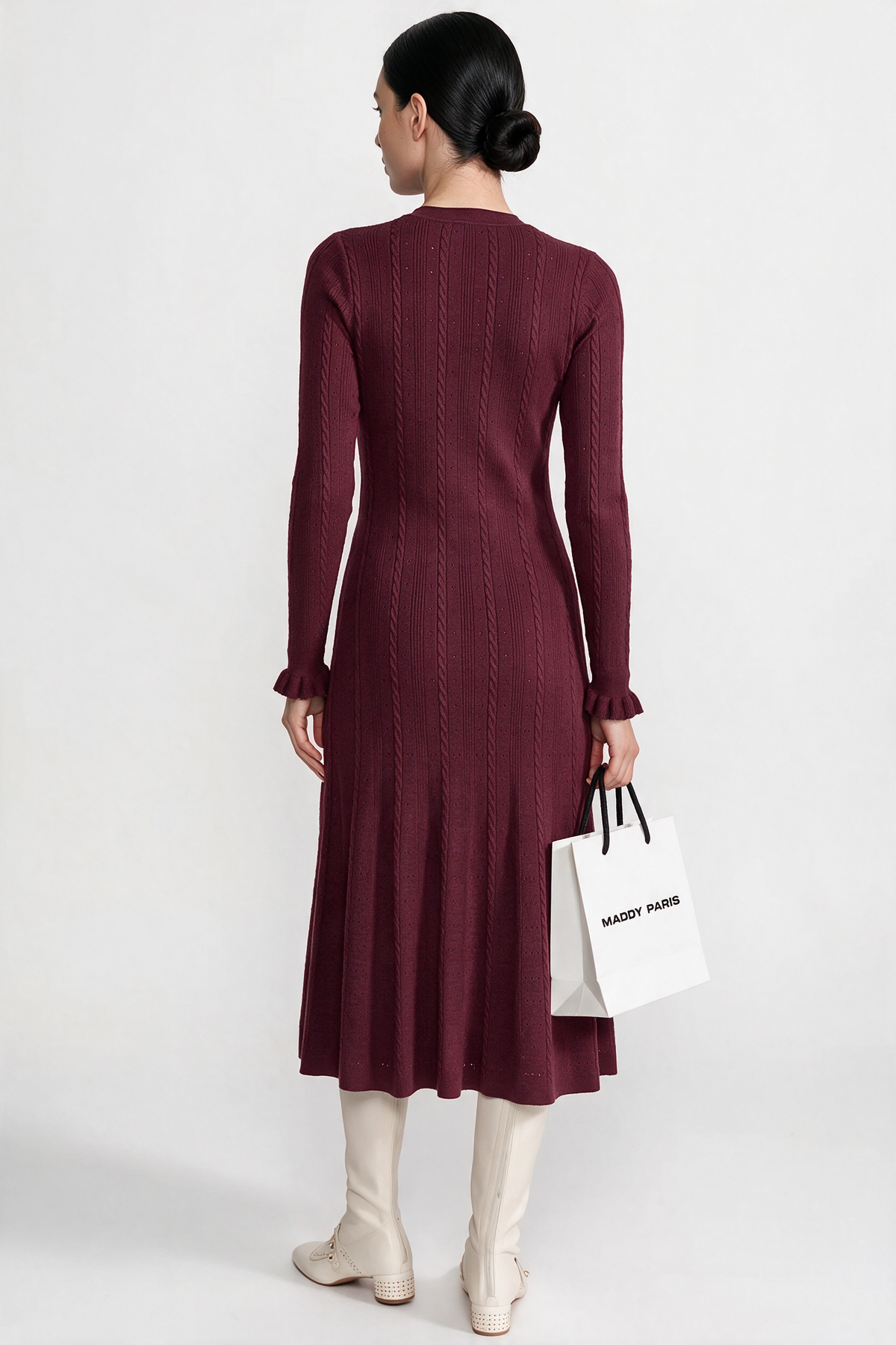 Knit Button-Front Midi Dress with Pointelle Detailing – Burgundy