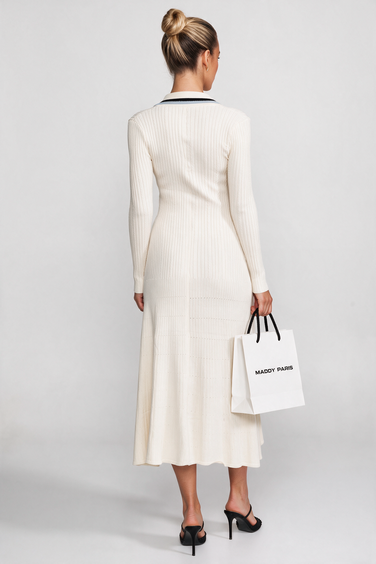 Long Sleeve Knit Midi Dress With Polo Collar And Monogram Patch - Ivoire