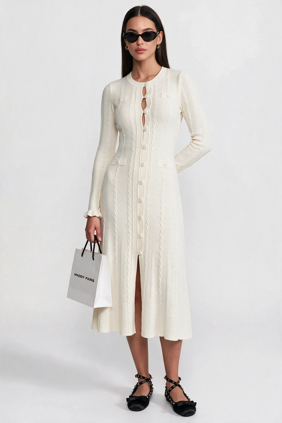 Knit Button-Front Midi Dress with Pointelle Detailing – Ivoire