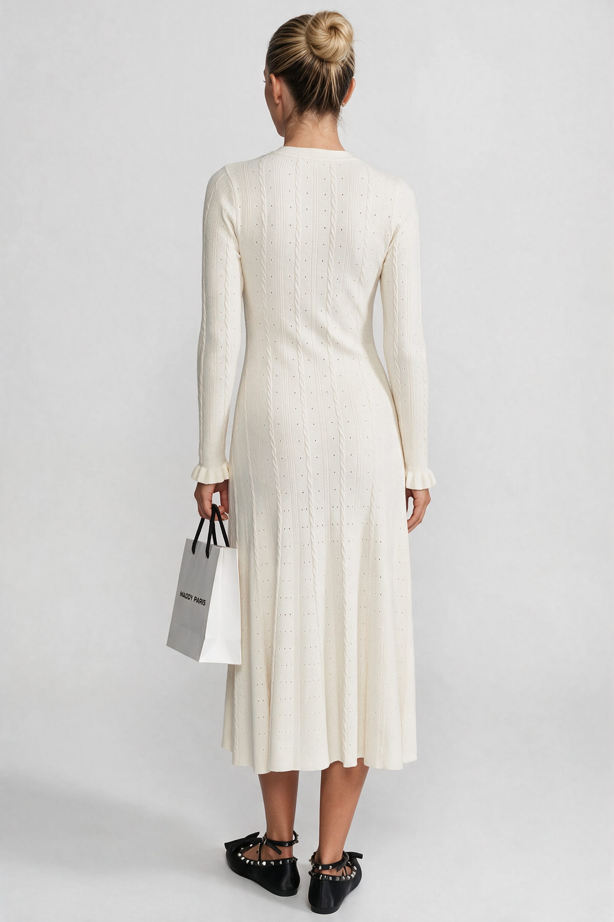 Knit Button-Front Midi Dress with Pointelle Detailing – Ivoire