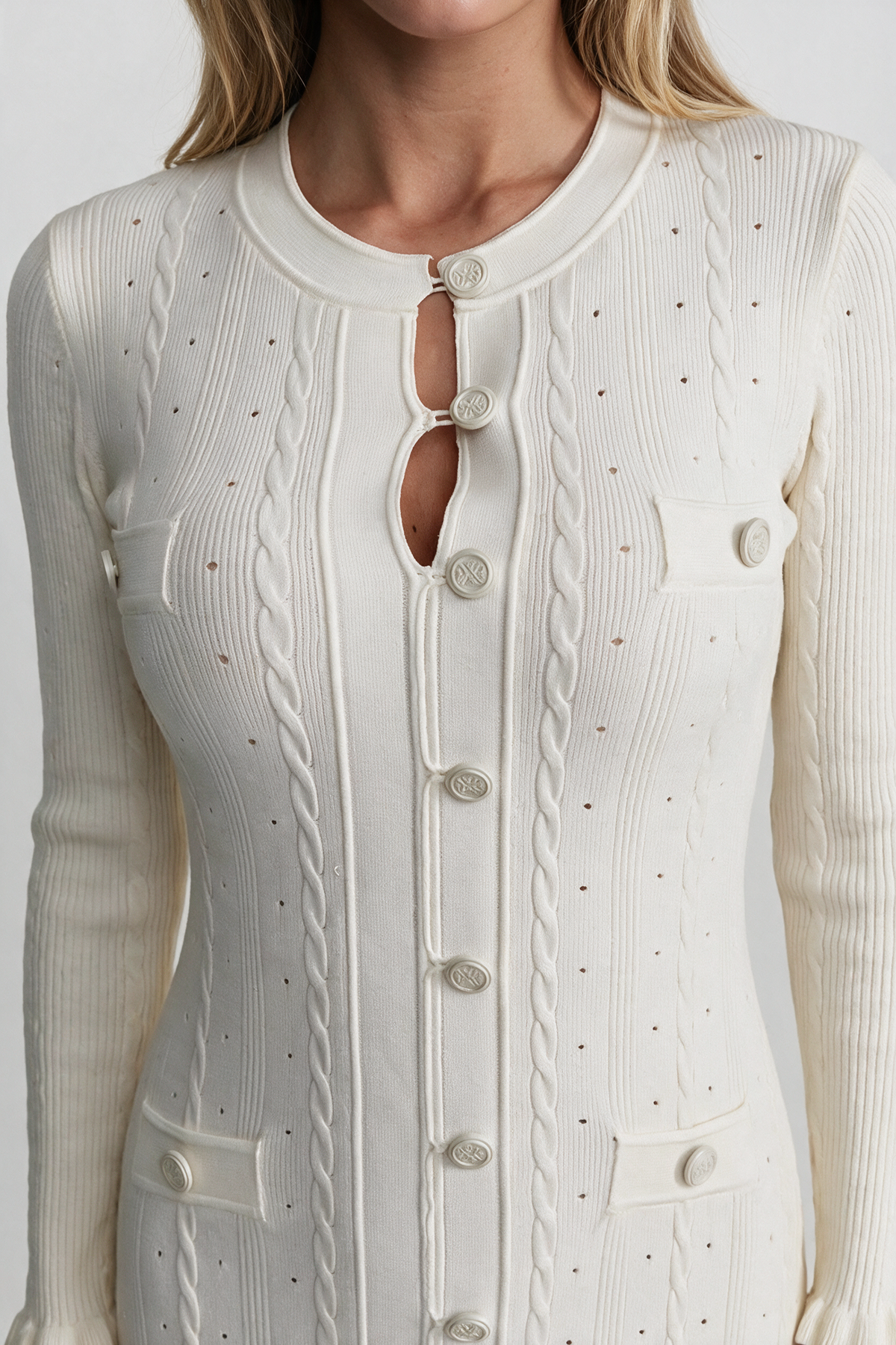 Knit Button-Front Midi Dress with Pointelle Detailing – Ivoire