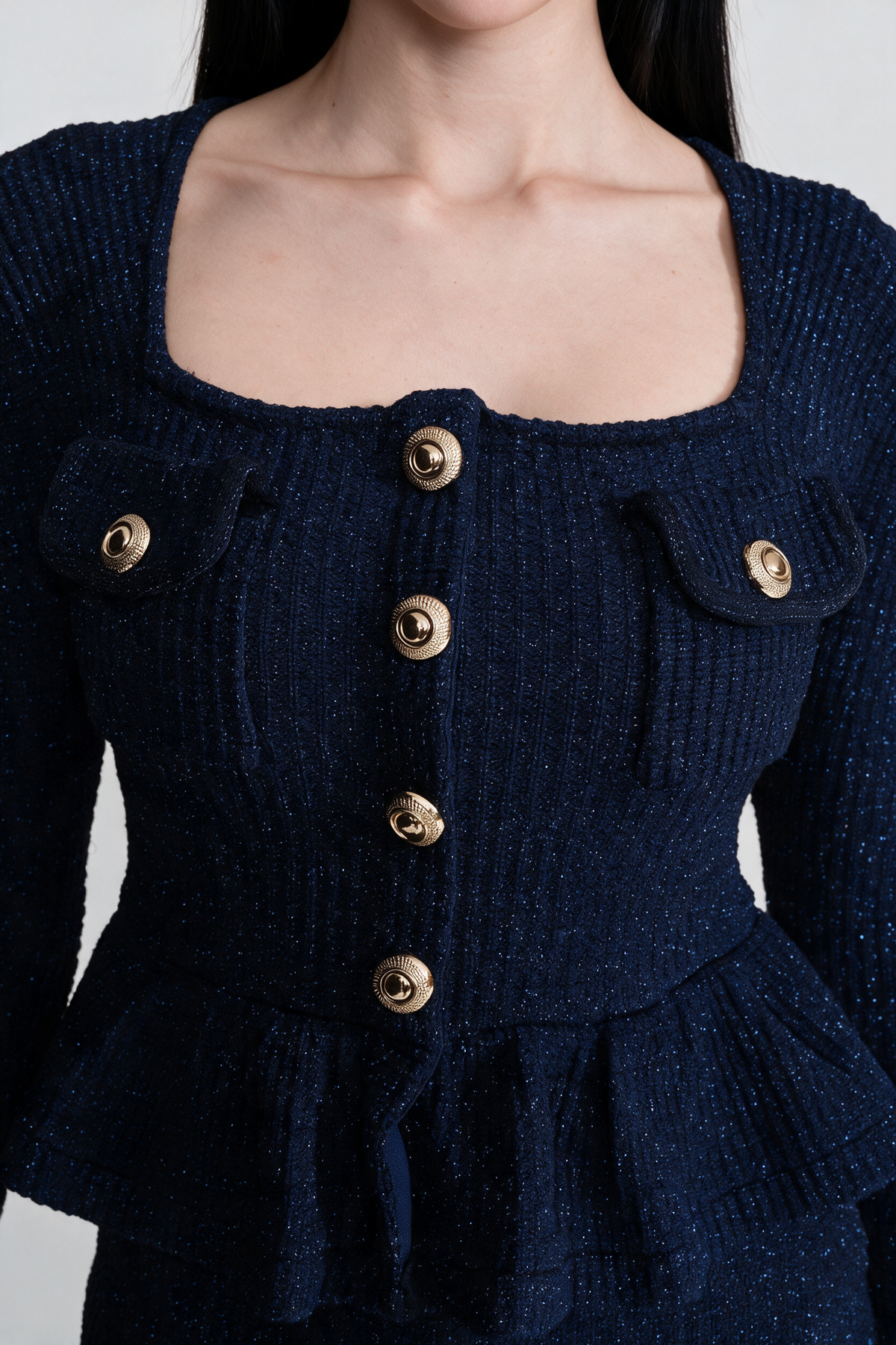 Textured Knit Dress with Peplum Waist and Gold Buttons - Dark Blue