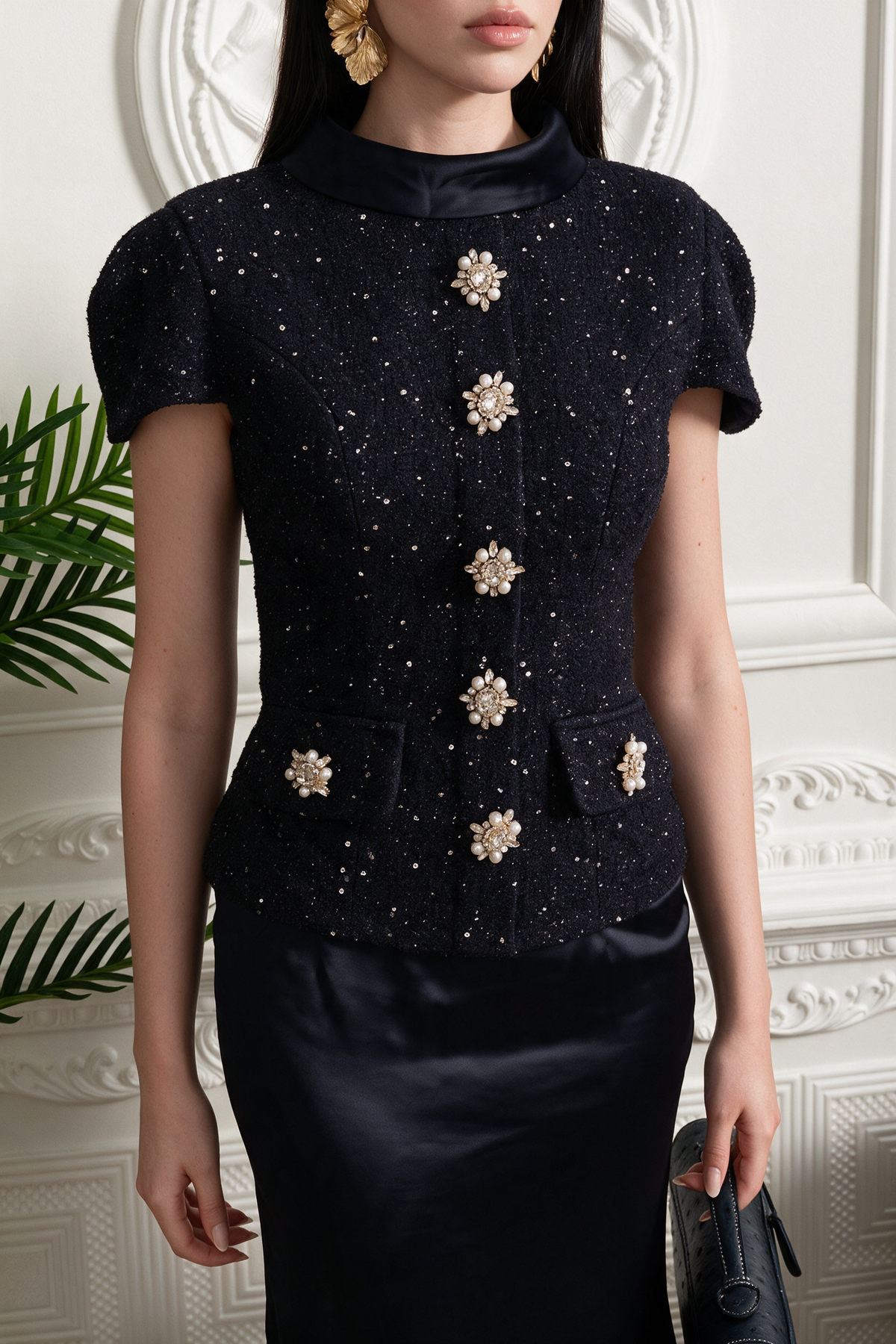 Co-Ord Set with Tweed Embellished Top and Satin Maxi Skirt - Navy