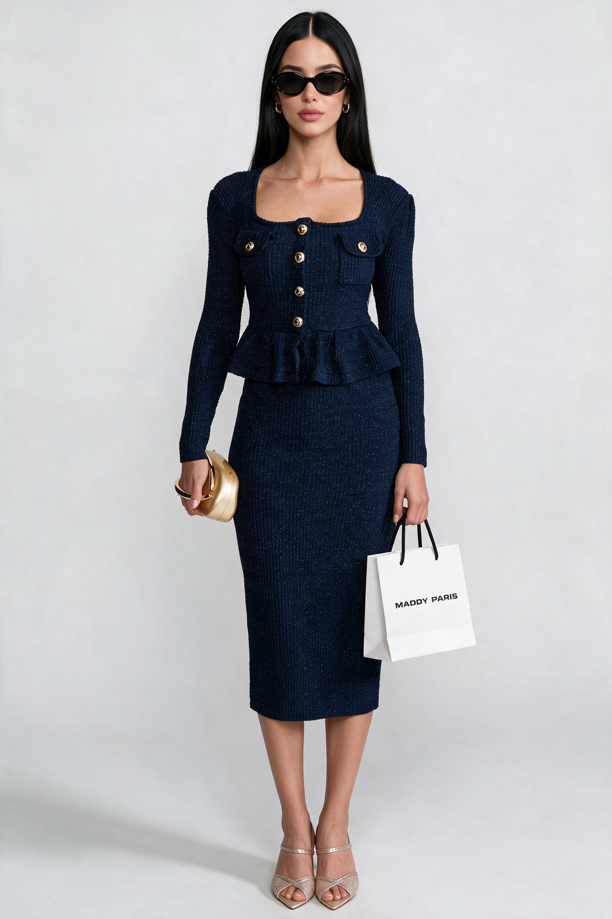 Textured Knit Dress with Peplum Waist and Gold Buttons - Dark Blue