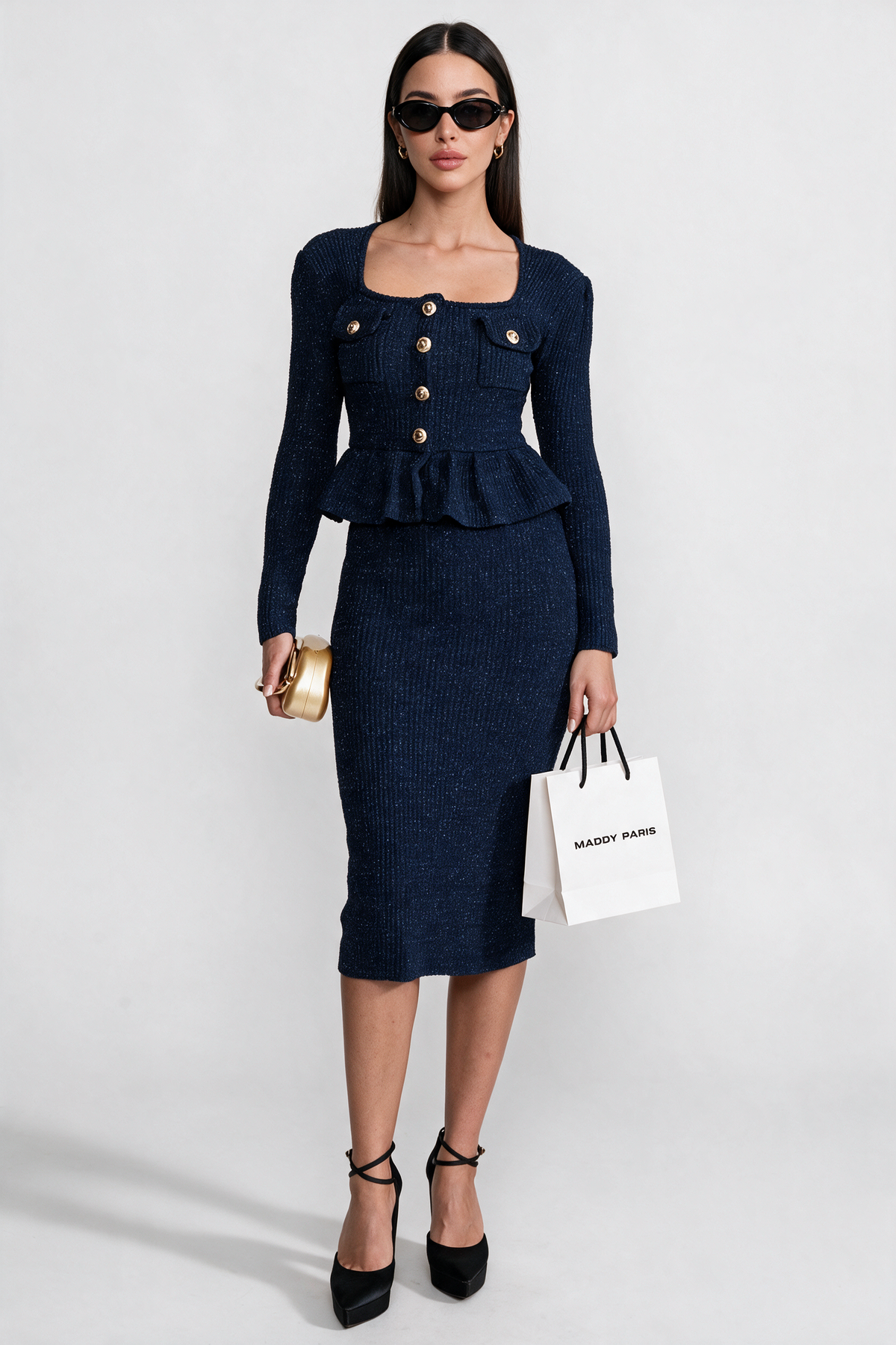 Textured Knit Dress with Peplum Waist and Gold Buttons - Dark Blue