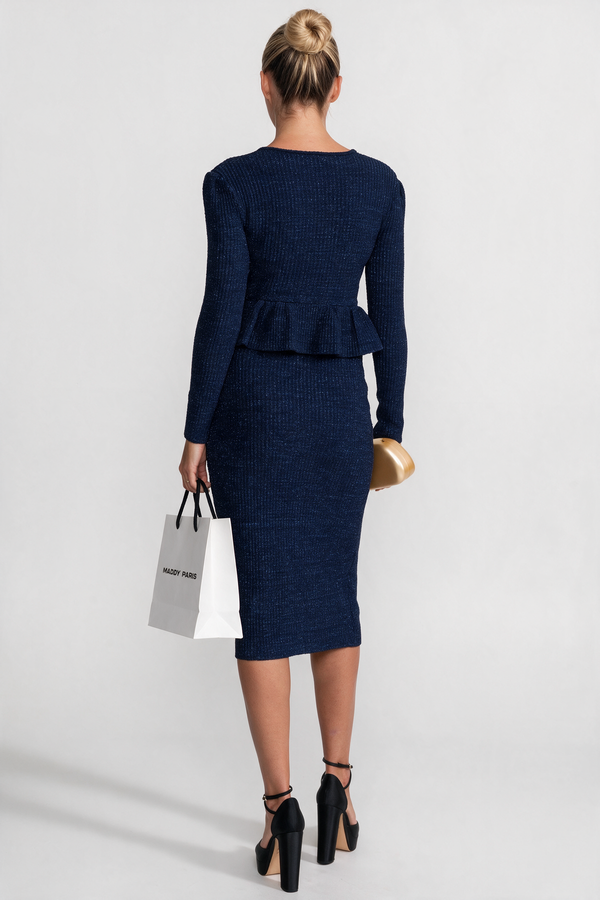 Textured Knit Dress with Peplum Waist and Gold Buttons - Dark Blue