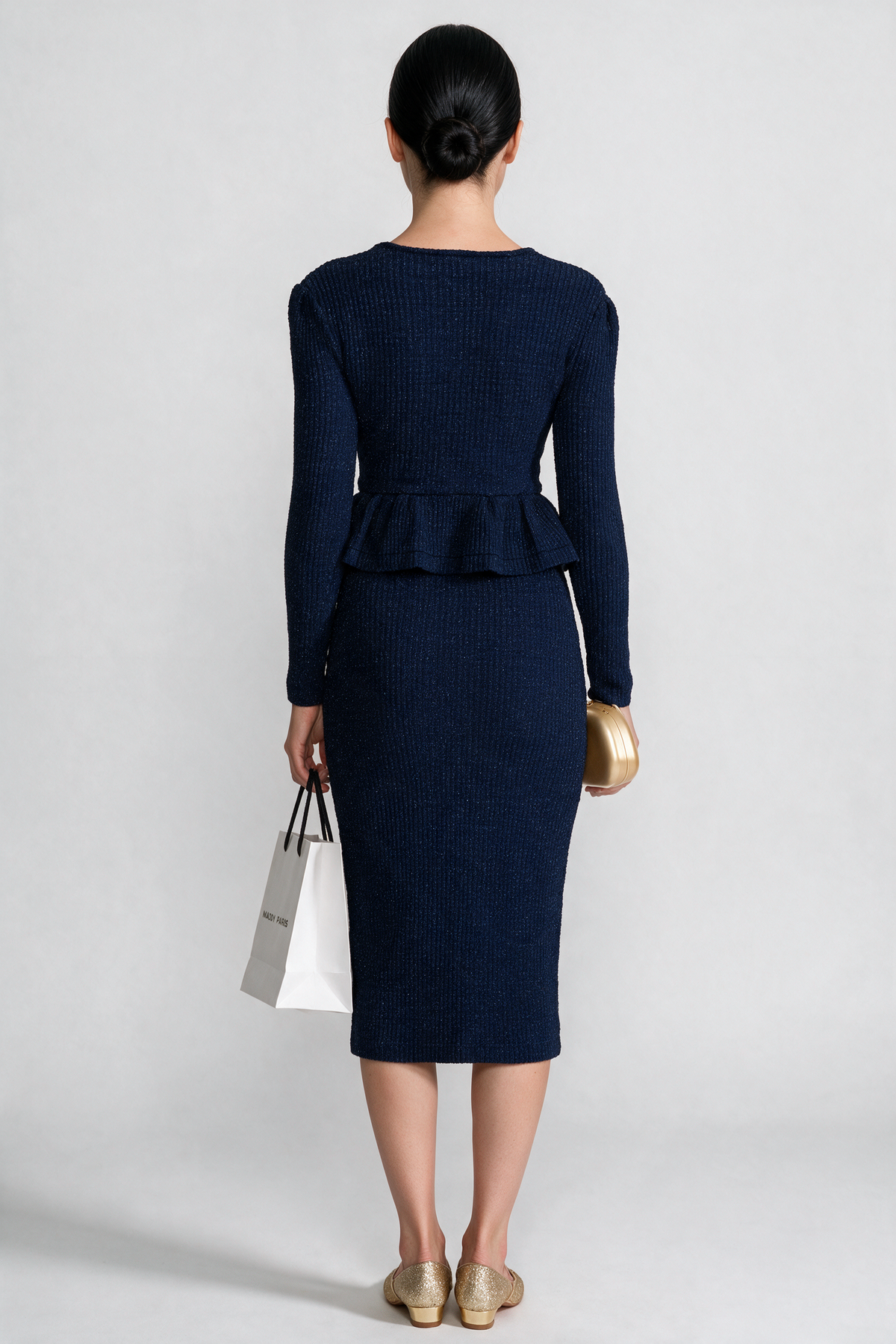 Textured Knit Dress with Peplum Waist and Gold Buttons - Dark Blue