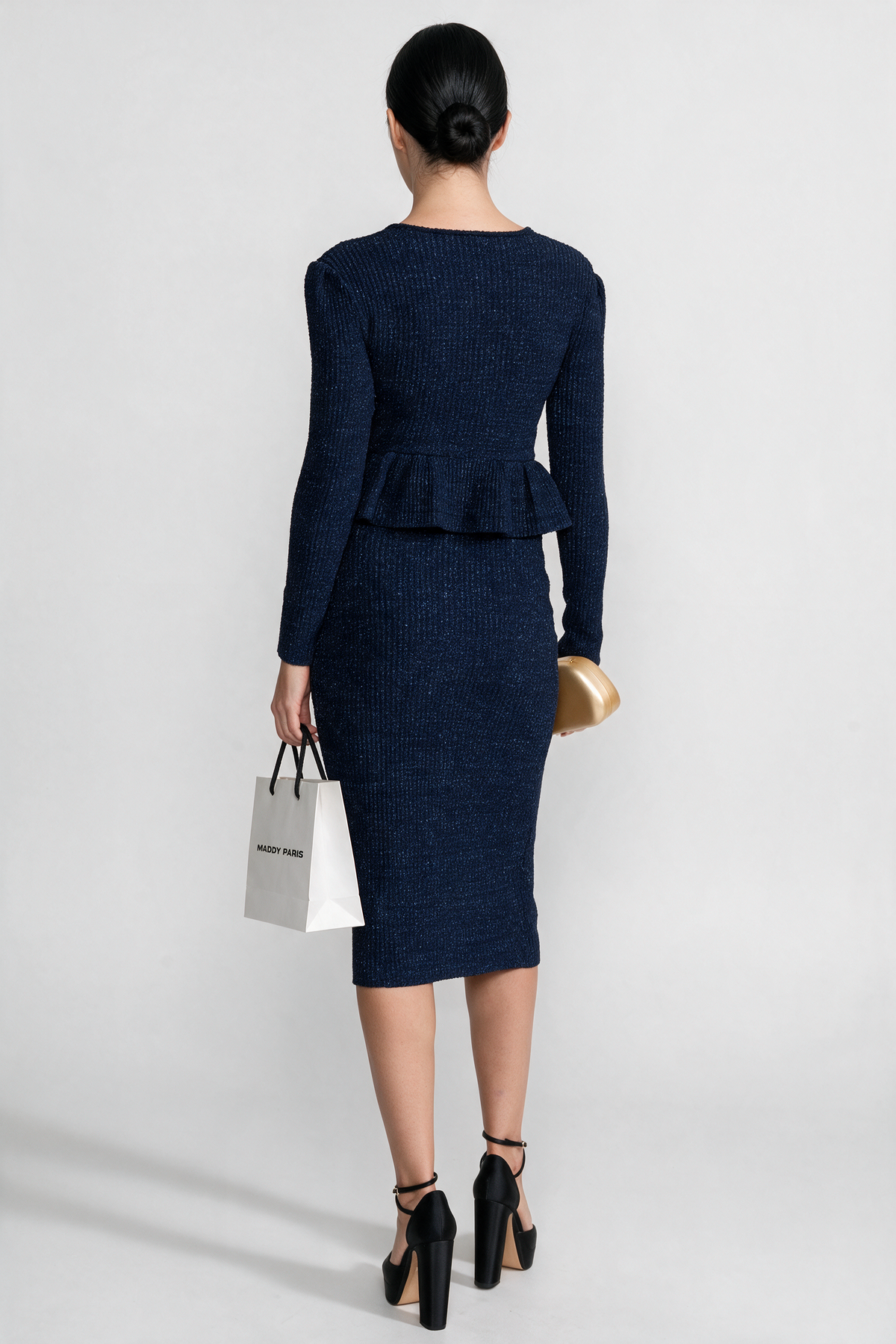 Textured Knit Dress with Peplum Waist and Gold Buttons - Dark Blue