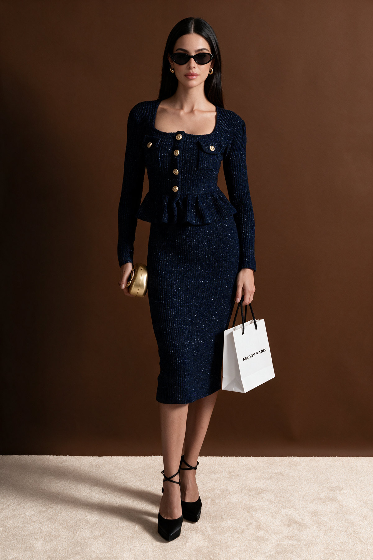 Textured Knit Dress with Peplum Waist and Gold Buttons - Dark Blue