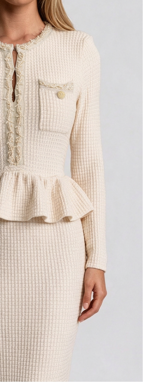 Fringe Trim Knit Peplum Dress With Front Chest Pockets - Beige