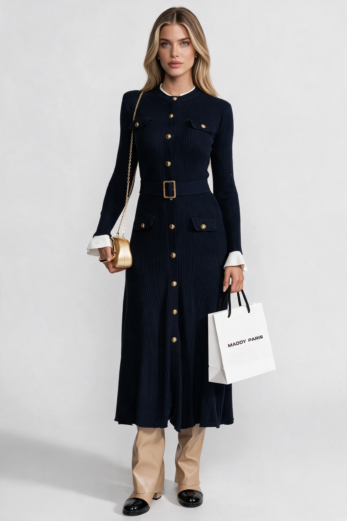 Ribbed Knit Midi Dress with Gold Button Fastening - Dark Blue