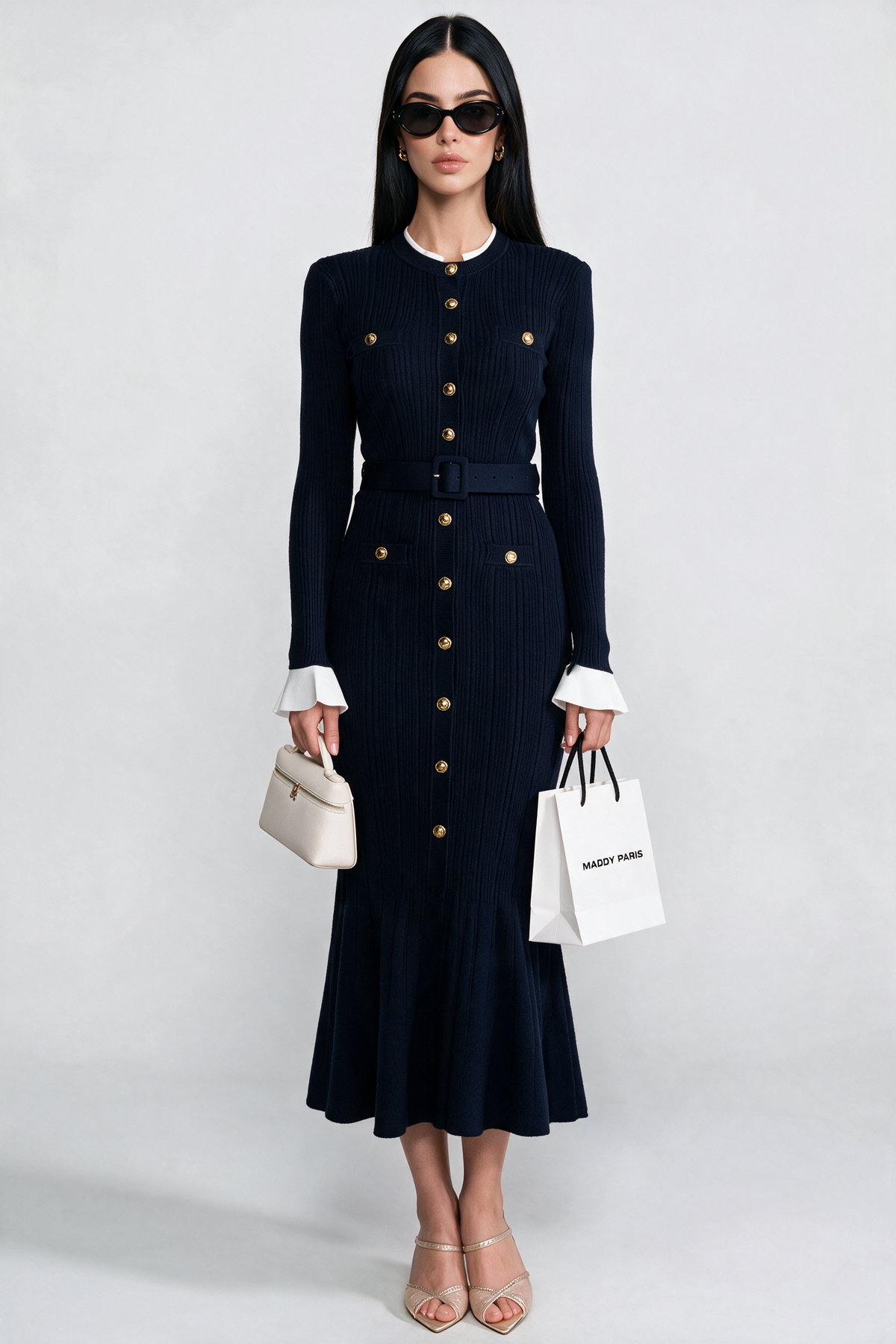 Ribbed Knit Midi Dress with Gold Button Fastening - Dark Blue