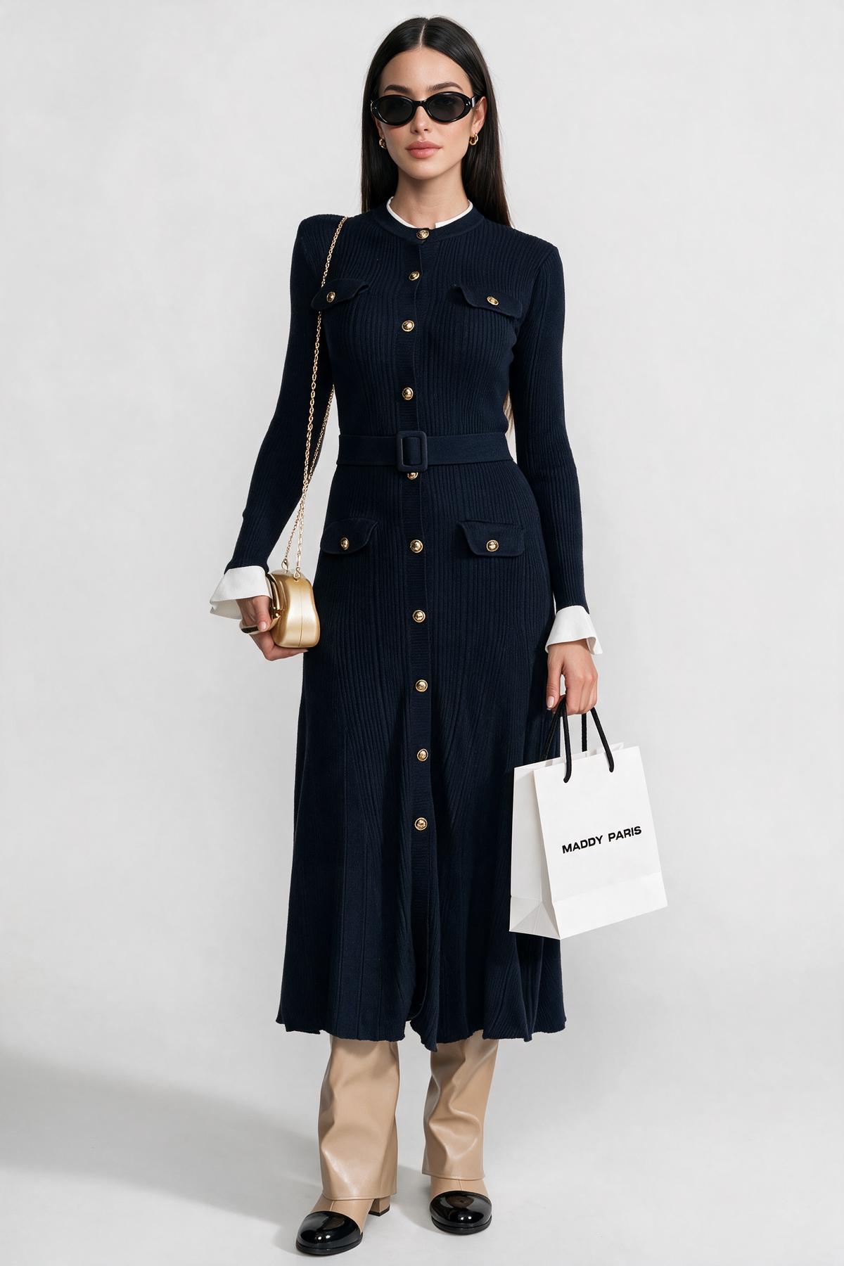 Ribbed Knit Midi Dress with Gold Button Fastening - Dark Blue