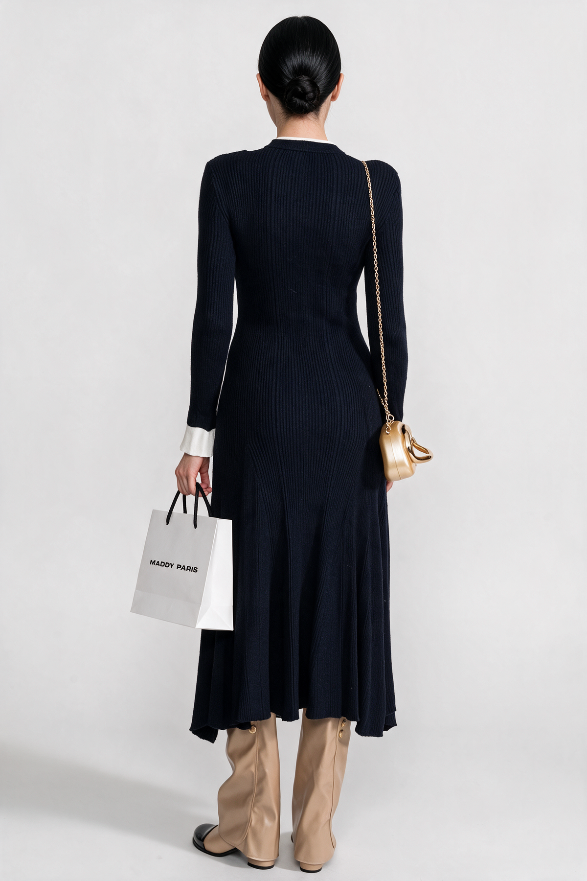 Ribbed Knit Midi Dress with Gold Button Fastening - Dark Blue