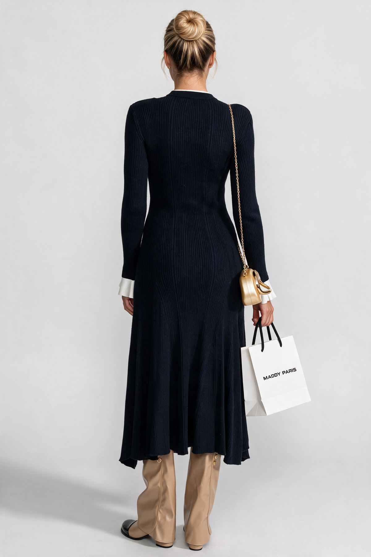 Ribbed Knit Midi Dress with Gold Button Fastening - Dark Blue