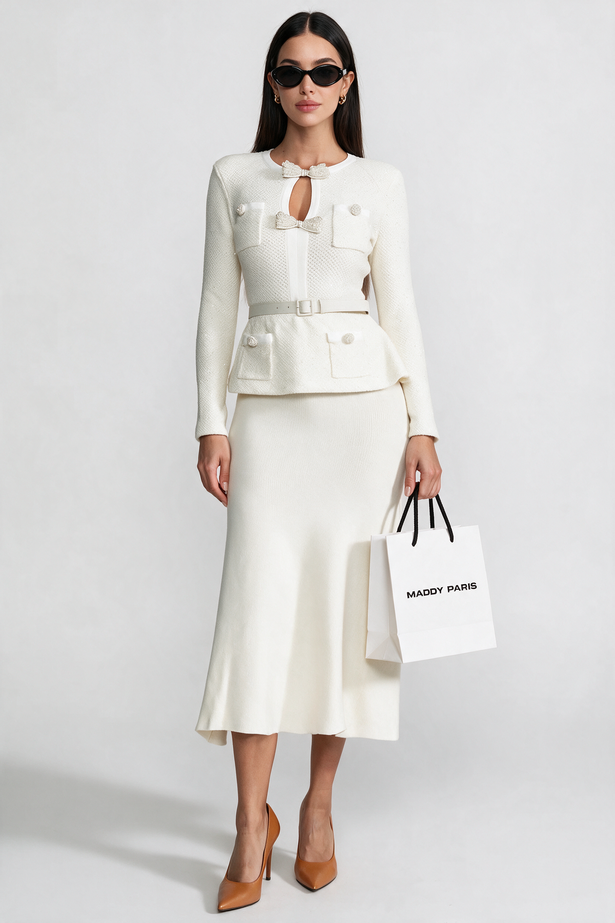 Tweed Peplum Knit Midi Dress – White