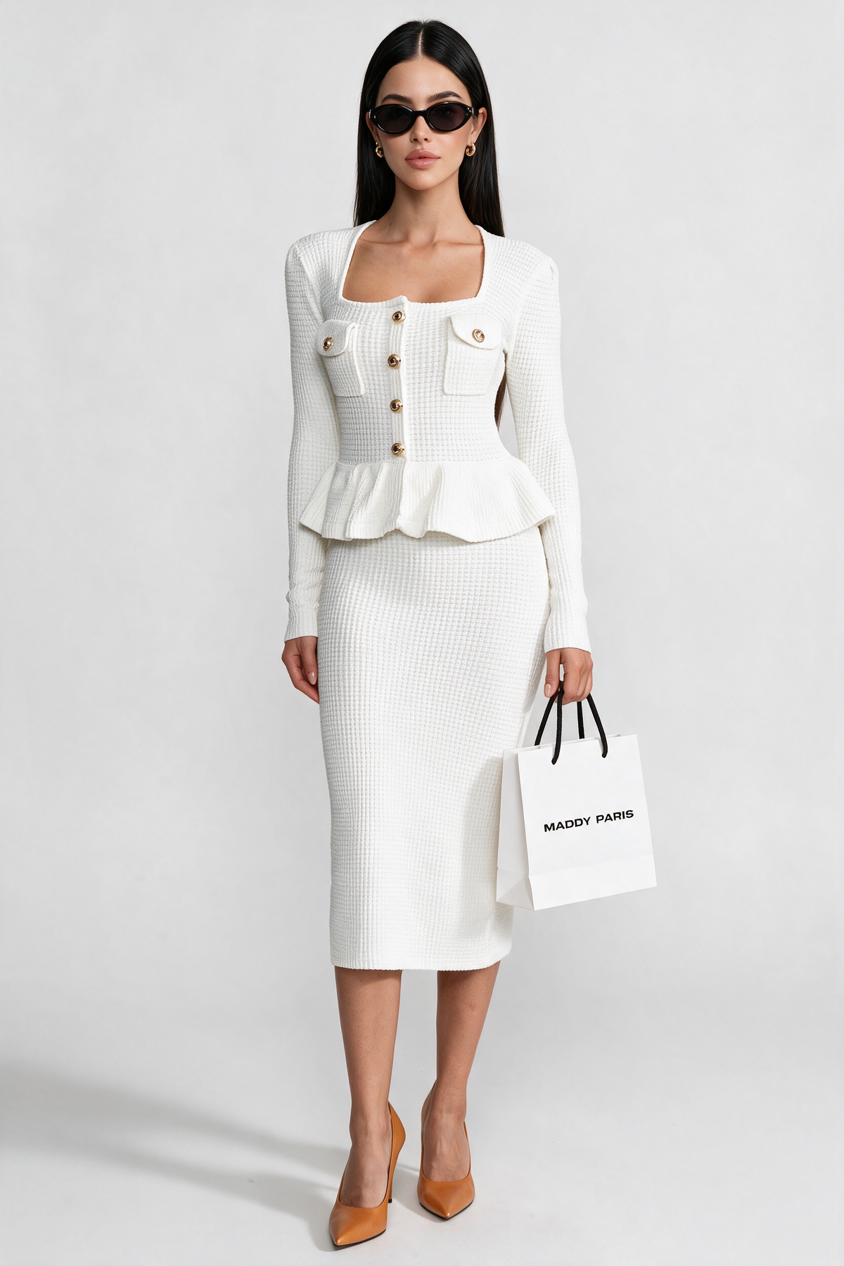 Textured Knit Dress with Peplum Waist and Gold Buttons - White