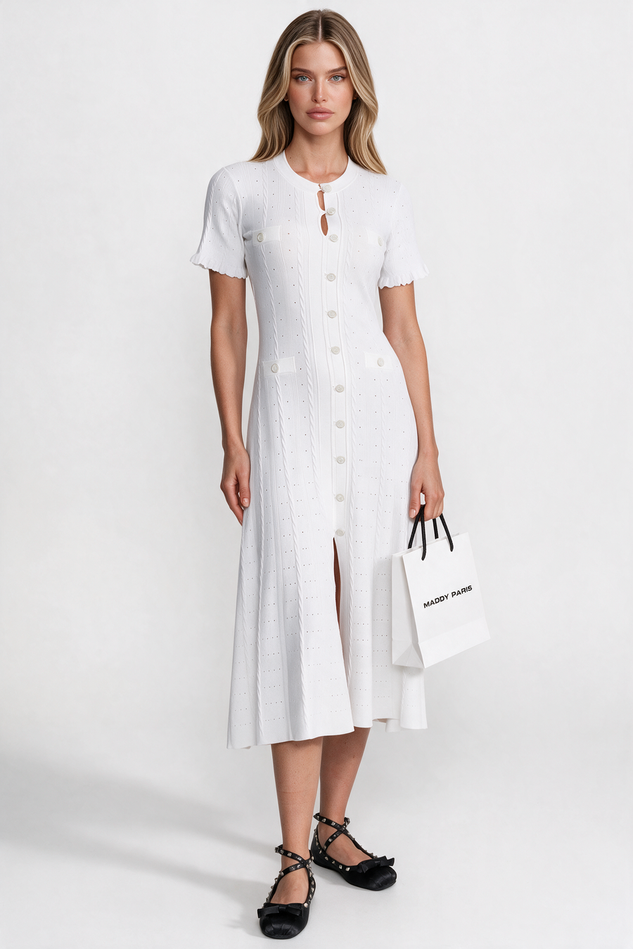 Knit Button-Front Midi Dress with Scalloped Sleeves – White