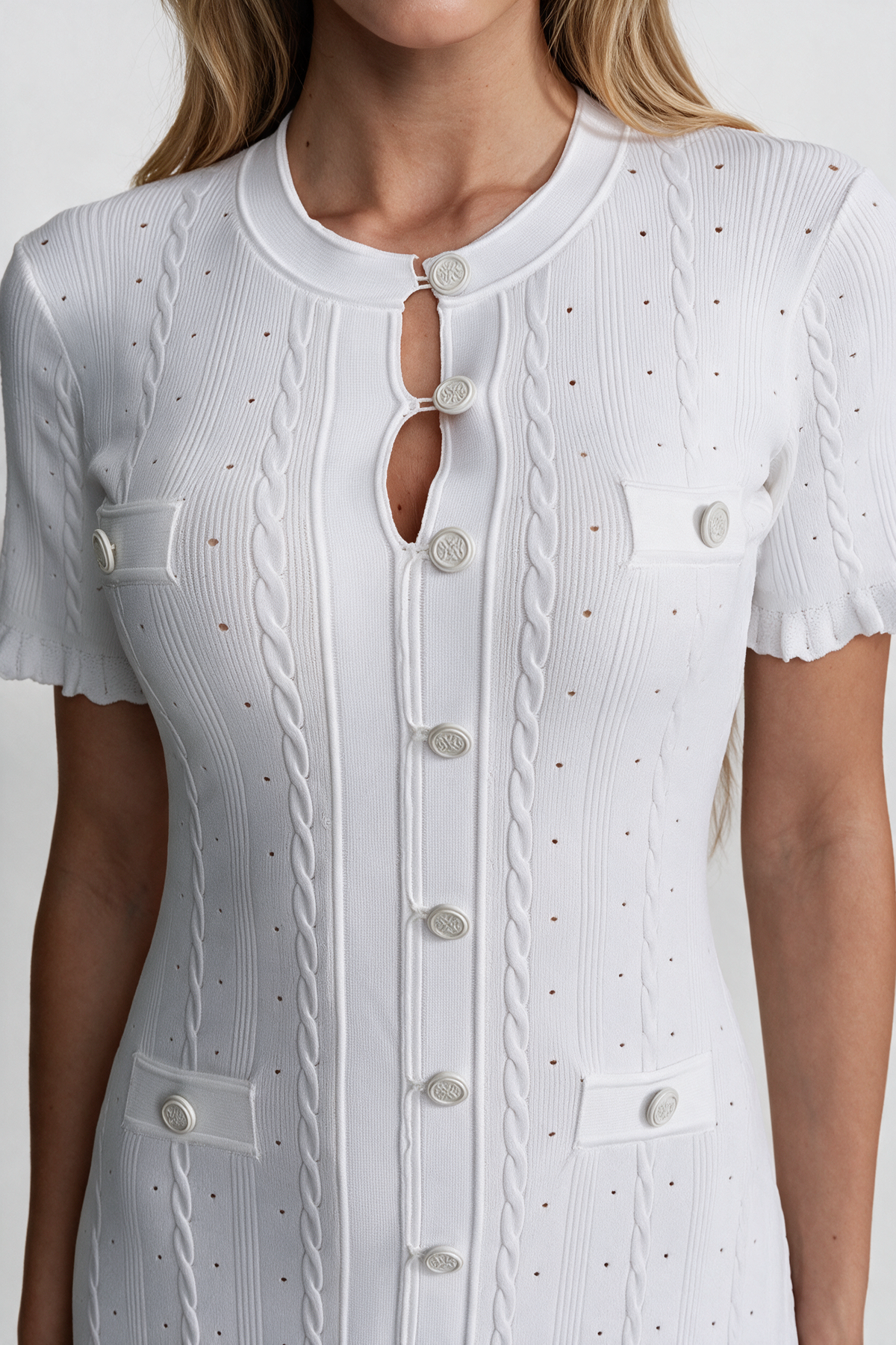 Knit Button-Front Midi Dress with Scalloped Sleeves – White