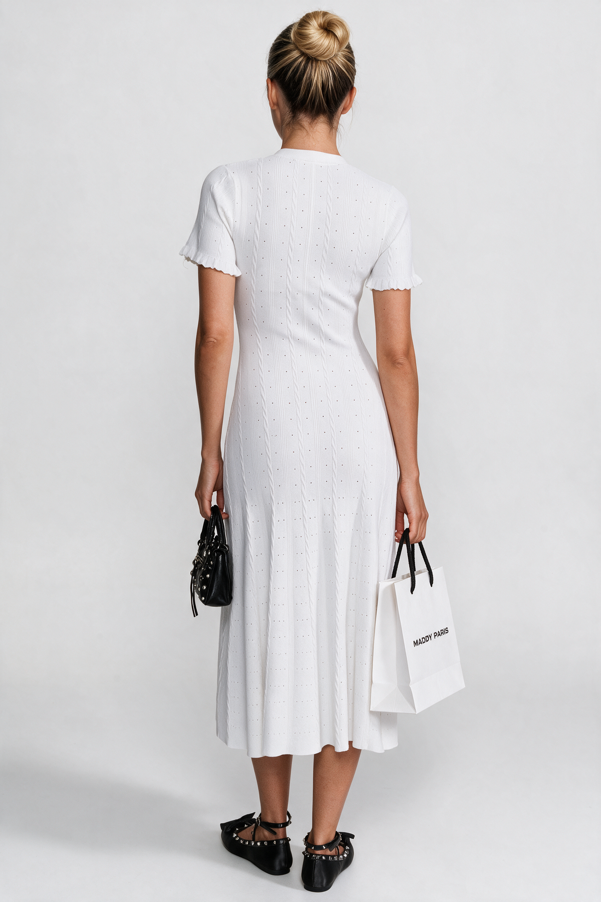Knit Button-Front Midi Dress with Scalloped Sleeves – White