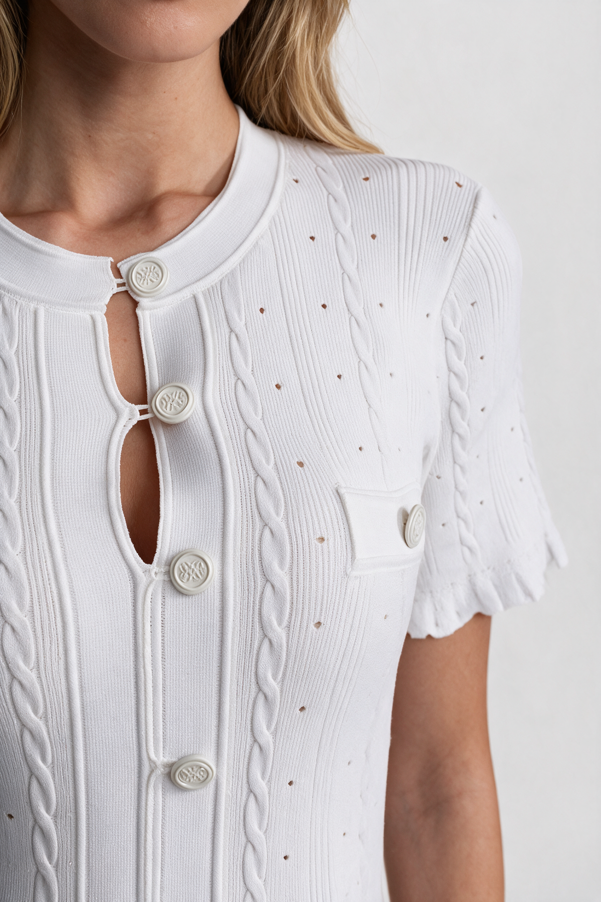 Knit Button-Front Midi Dress with Scalloped Sleeves – White