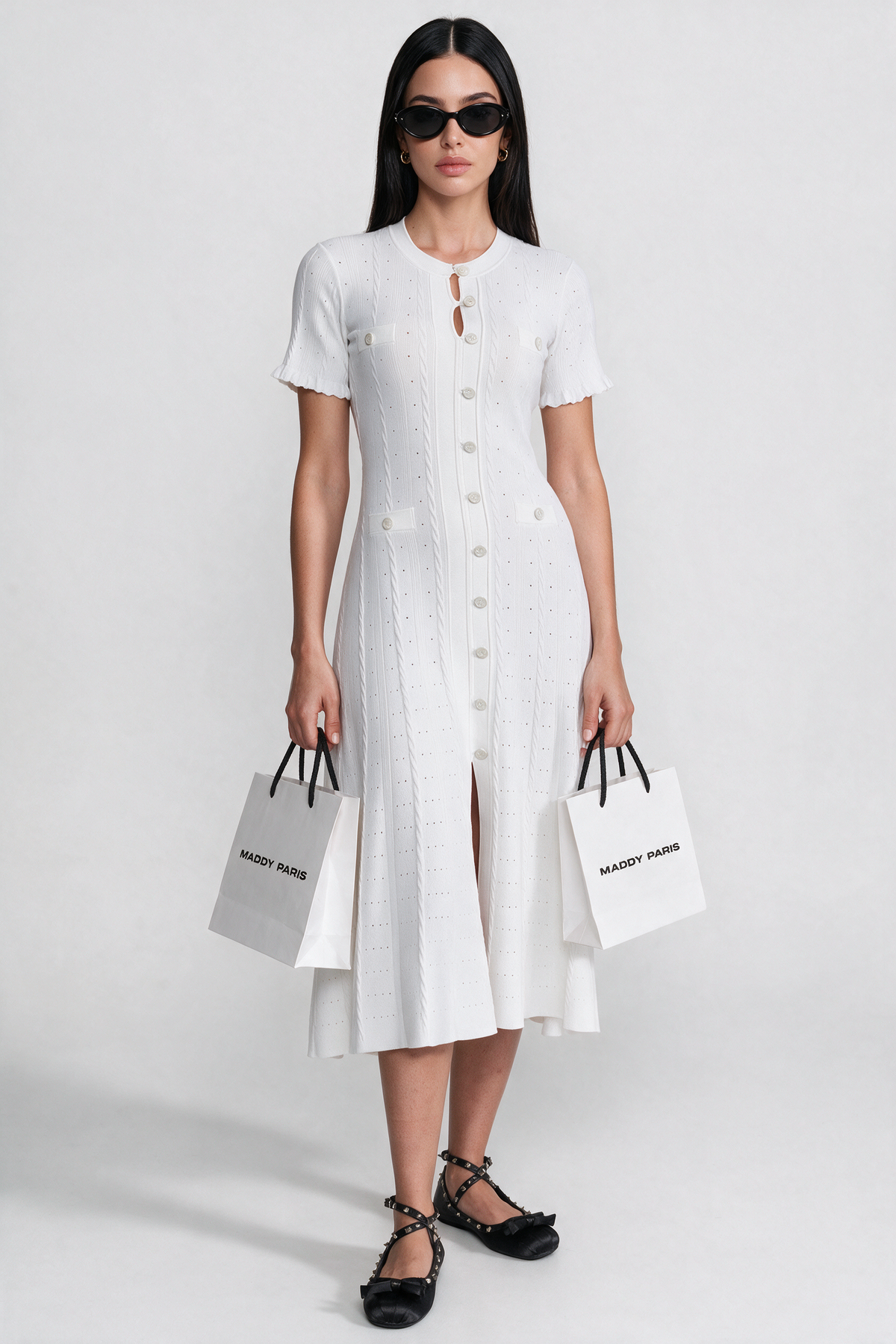 Knit Button-Front Midi Dress with Scalloped Sleeves – White