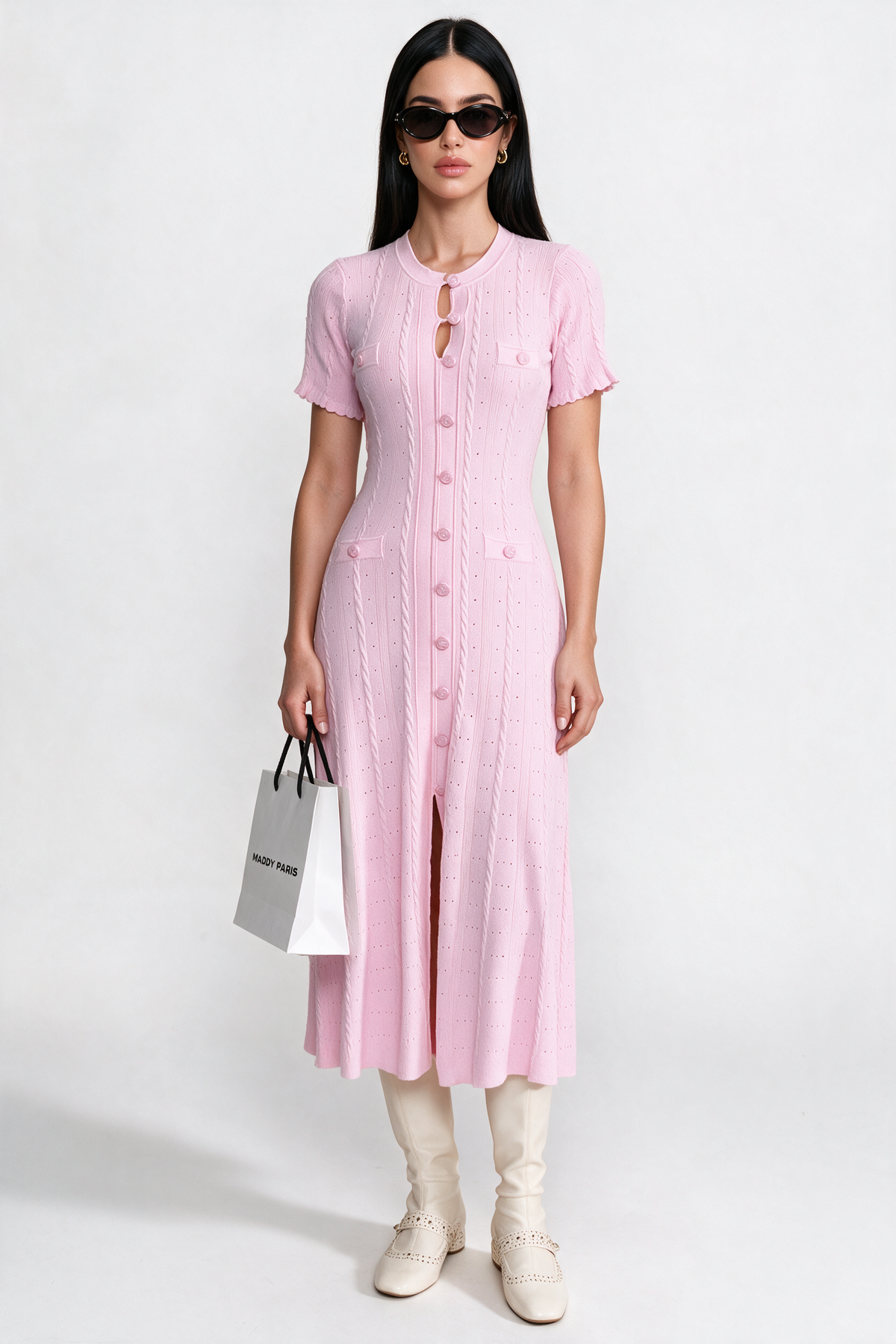 Knit Button-Front Midi Dress with Scalloped Sleeves – Pink