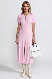 Corinne Pink Knit Button-Front Midi Dress with Scalloped Sleeves